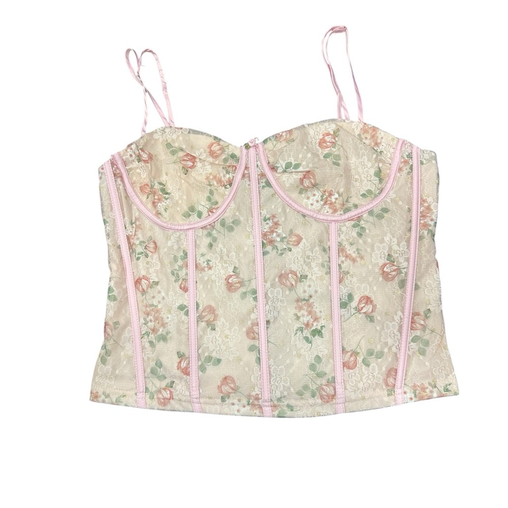 Floral Lace Bustier Crop Top - Pink